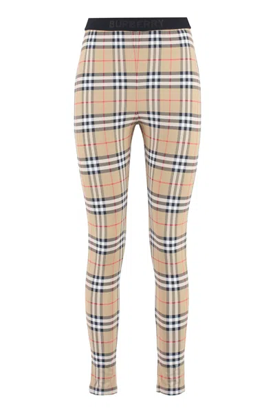 Burberry Beige Checkered Leggings With Logoed Elastic Waistband For Women In Tan