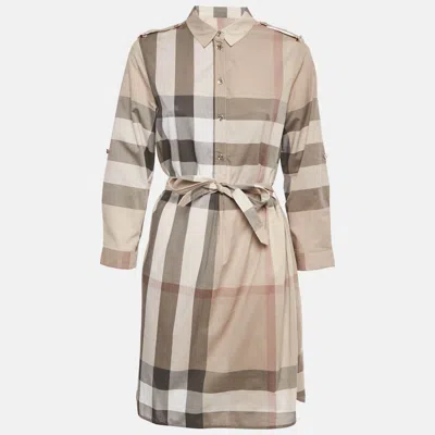 Pre-owned Burberry Beige Checkered Print Cotton Mini Shirt Dress M In Sand
