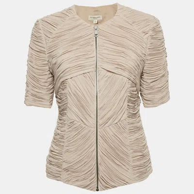 Pre-owned Burberry Beige Chiffon Plisse Short Sleeve Top M In Sand