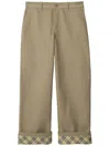 Burberry Beige Pants With Logo Embroidery On The Side And Turn-up Checked Hem In Cotton Man