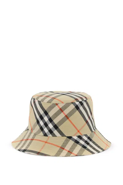 Burberry Beige Cotton Blend Bucket Hat With  Check Pattern