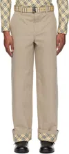 Burberry Beige Pants With Logo Embroidery On The Side And Turn-up Checked Hem In Cotton Man In Oyster