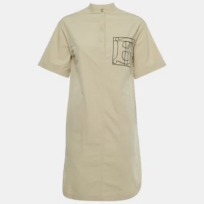 Pre-owned Burberry Beige Cotton Monogram Embroidered Cotton Abbie Mini Dress Xs In Sand