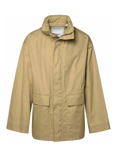 Burberry Gabardine Jacket With High Collar And Pockets In Brown
