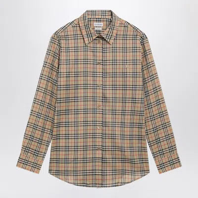 Burberry Checkered Long Sleeve Shirt Curved Hem Regular Fit In Brown
