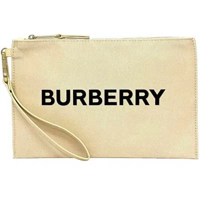 Pre-owned Burberry Beige Cream Gold Canvas Leather Clutch Bag Pouch () In Beige, Cream, Gold