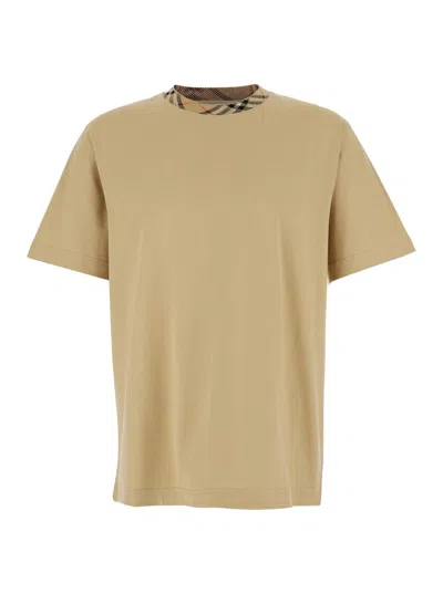 Burberry Beige Crewneck T-shirt With Check Motif On The Collar In Cotton Man