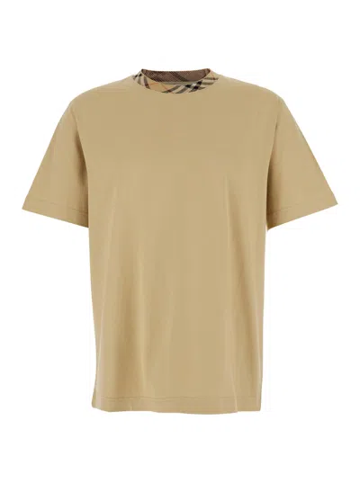 Burberry Beige Crewneck T-shirt With Check Motif On The Collar In Cotton Man In Neutral