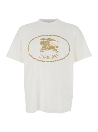 Burberry Beige Crewneck T-shirt With Maxi Logo On The Front In Cotton Man In White