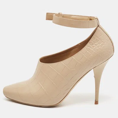 Pre-owned Burberry Beige Croc Embossed Leather Blyth Peep Toe Pumps Size 39