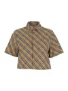 Burberry Beige Crop Shirt With All-over Check Motif In Cotton Woman In Neutral
