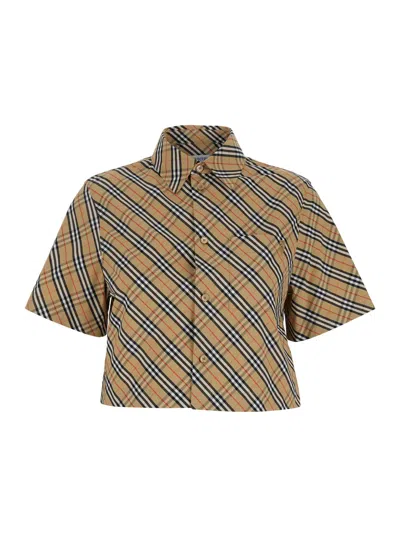 Burberry Beige Crop Shirt With All-over Check Motif In Cotton Woman In Neutral