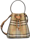 Burberry Check Pattern Canvas Bucket Bag With Top Handle And Leather Trim In Brown