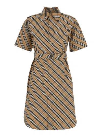 Burberry Beige Dress With Check Motif And Waist Belt In Cotton Woman In Multicolor
