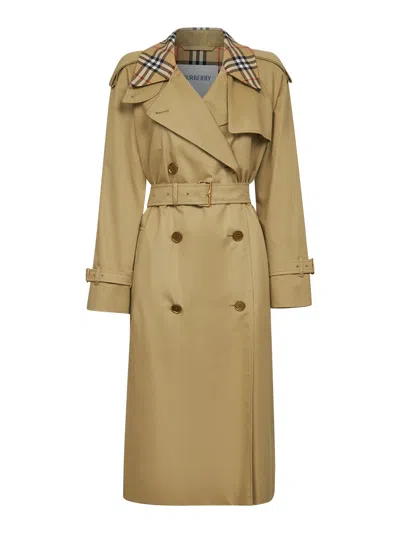 Burberry Beige Gabardine Castleford Long Trench Coat In Green