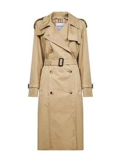Burberry Women Beige Gabardine Castleford Long Trench Coat In Brown