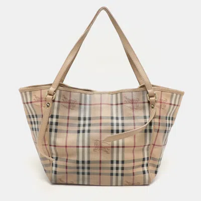 Pre-owned Burberry Beige Haymarket Coated Canvas And Leather Canterbury Tote
