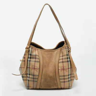 Pre-owned Burberry Beige Haymarket Coated Canvas And Suede Canterbury Tote In Sand