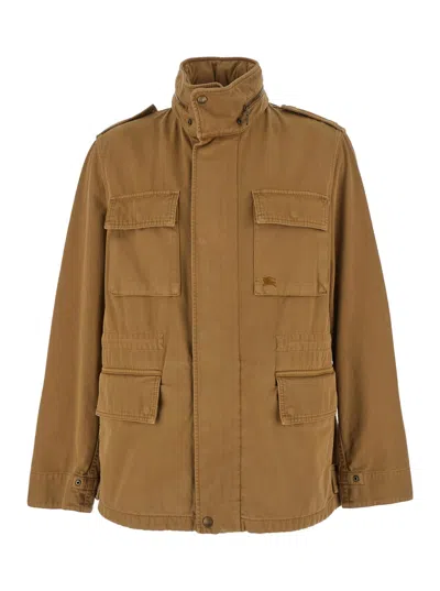 Burberry Beige High Neck Jacket With Ekd Embroidery On The Front In Cotton Man In Brown