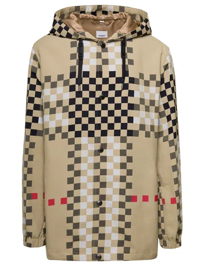 Burberry Beige Hooded Jacket With Pixel Check Motif In Polyamide Man In White