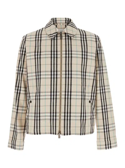 Burberry Beige Jacket With Classic Collar And All-over Check Motif In Cotton Man In Multicolor