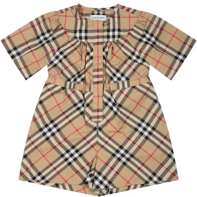 Burberry Beige Jumpsuit For Baby Girl With Vintage Check