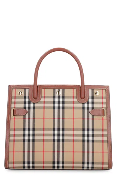 Burberry Beige Leather And Vintage Check Fabric Handbag For Women