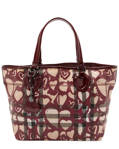 Burberry Beige Leather Nova Check Painted Hearts Tote (authentic Pre-loved) In Burgundy