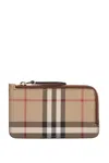 Burberry Mini Leather Wallet With Iconic Check Pattern And Zip Closure In Beige