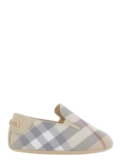 Burberry Kids' Beige Loafers With Logo On The Heel And Check Pattern In Tech Fabric Baby In Grey
