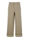 Burberry Beige Pants With Logo Embroidery On The Side And Turn-up Checked Hem In Cotton Man In Beige