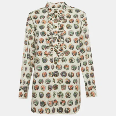 Pre-owned Burberry Beige Mask Print Cotton Ruffle Detail Shirt M In Sand