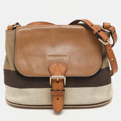 Pre-owned Burberry Beige Mega Check Canvas And Leather Small Gowan Messenger Saddle Bag