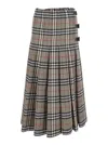 Burberry Beige Midi Skirt With Side Buckle Closure And All-over Check Motif In Wool Woman In Gray