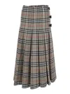 Burberry Beige Midi Skirt With Side Buckle Closure And All-over Check Motif In Wool Woman In Gray