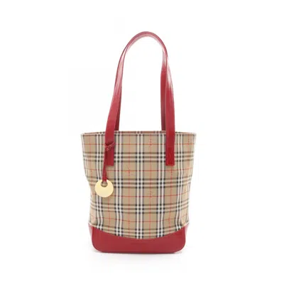 Pre-owned Burberry Beige Multi-color Red Color Canvas Leather Tote Bag ()