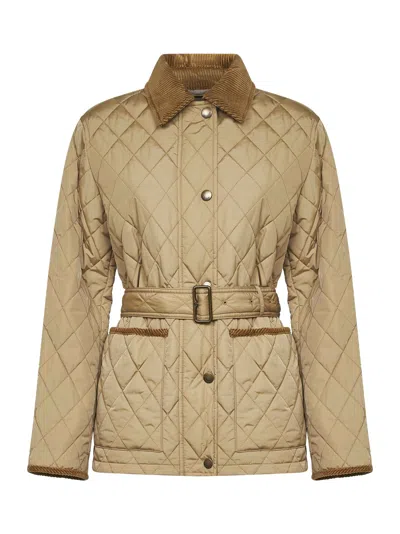 Burberry Beige Nylon Belted Quilted Jacket In Brown