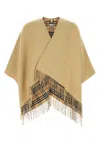 Burberry Wool Reversible Cape Mid Length Check Fringe In Nude
