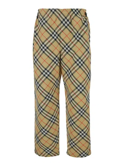 Burberry Men Beige Pants With Ekd Embroidery On The Rear And Check Motif All-over In Tech Fabric Man In Brown