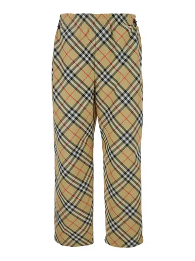 Burberry Beige Pants With Ekd Embroidery On The Rear And Check Motif All-over In Tech Fabric Man