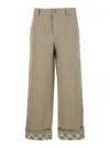 Burberry Beige Pants With Logo Embroidery On The Side And Turn-up Checked Hem In Cotton Man In Multicolor