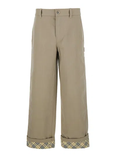Burberry Beige Pants With Logo Embroidery On The Side And Turn-up Checked Hem In Cotton Man In Multicolor