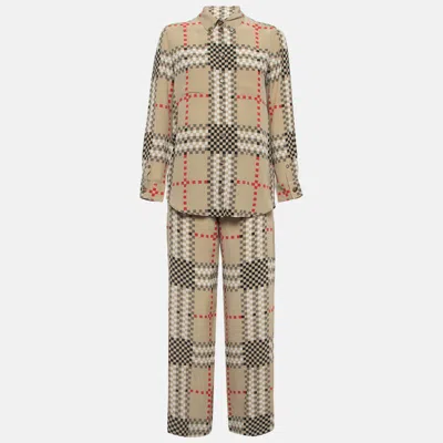 Pre-owned Burberry Beige Pixel Check Silk Shirt And Trousers Set S/m