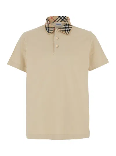 Burberry Beige Polo With Vintage Check Collar In Cotton Man In Multicolor