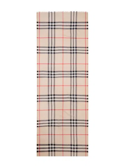 Burberry Beige Red Black Check Gauze Scarf In Neutral
