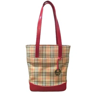 Pre-owned Burberry Beige Red Color Canvas Tote Bag () In Beige, Red Color
