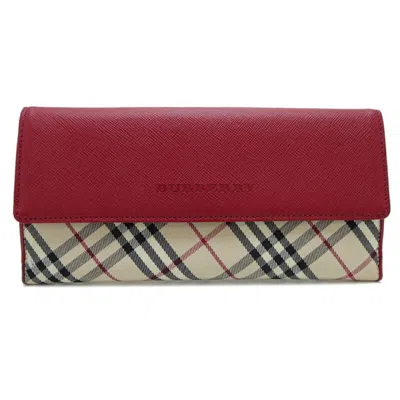 Pre-owned Burberry Beige Red Color Leather Canvas Wallet (tri-fold) () In Multi