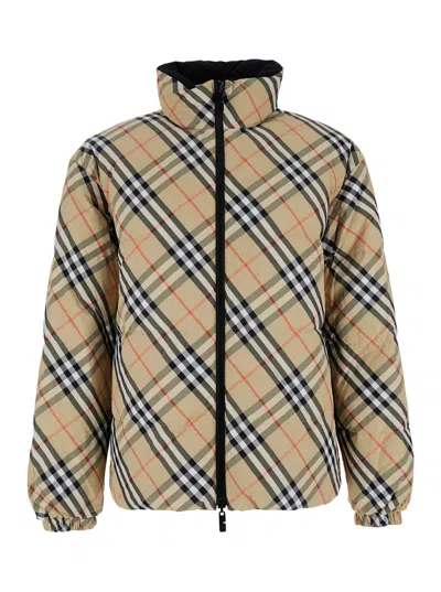 BURBERRY BURBERRY MEN BEIGE REVERSIBLE DOWN JACKET WITH ALL-OVER CHECK MOTIF IN TECH FABRIC MAN