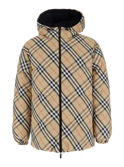 Burberry Beige Reversible Down Jacket With Hood And All-over Check Motif In Tech Fabric Man In Multicolor