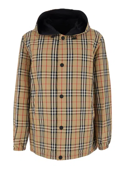 Burberry Beige Reversible Jacket With Drawstring Hood And All-over Check Motif In Tech Fabric Man